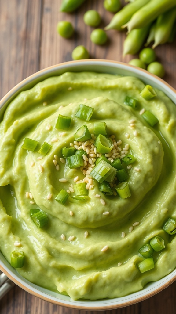A bowl of creamy mashed edamame garnished with green onions and sesame seeds on a rustic table.
